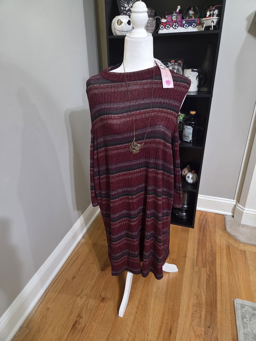 Striped Cowl Sweater Dress in Burgundy